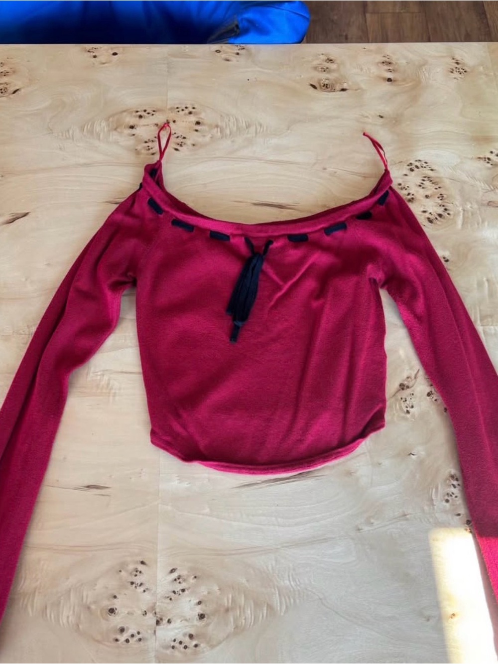 Garage Burgundy Off-Shoulder Long Sleeve Top with Black Tassel